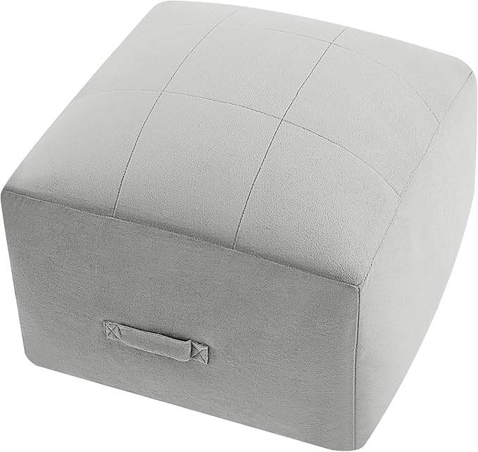 MeMoreCool Square Stuffed Pouf Ottoman Foot Rest, Floor Pouf Foot Stool with Foam Chunk Filling, Soft Stuffed Ottoman Footrest for Living Room, Light Grey