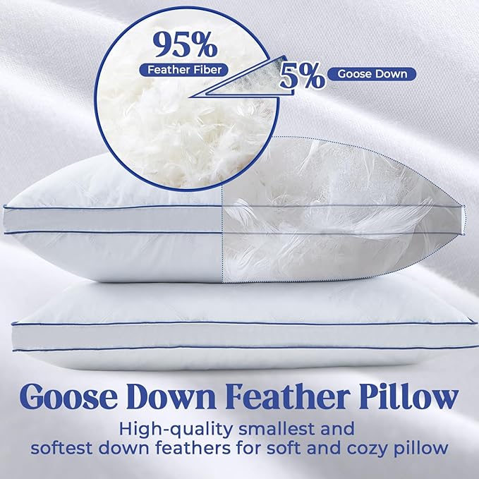 puredown King Size Pillows Set of 2, Feather Down Pillow Bed Sleeping Pillow, Cotton Shell Gusset Design Bed Pillow,King Pillows 2 Pack