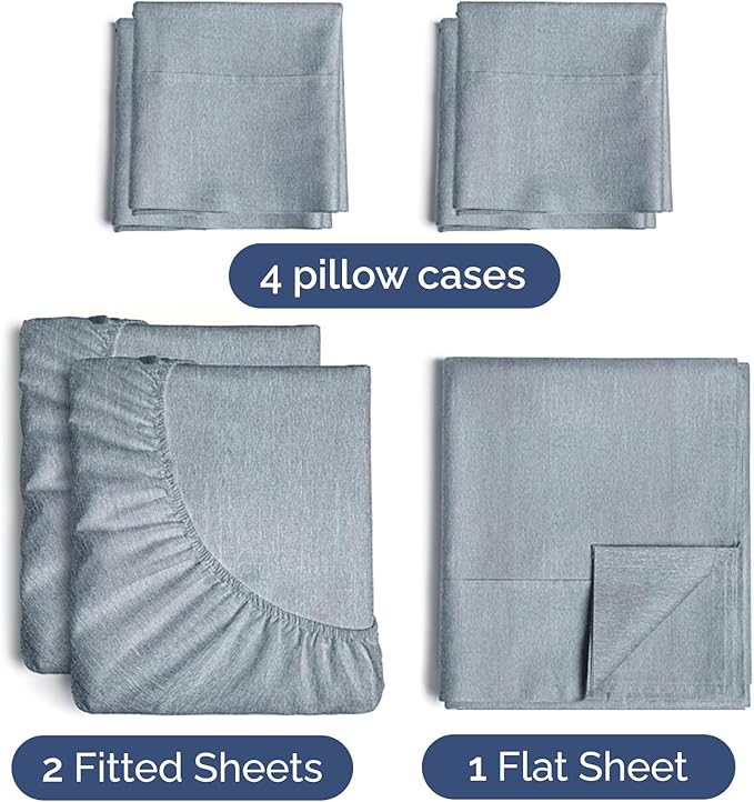 Split King Sheets Set 7 Piece - Includes 4 Pillowcases - Bed Sheets Split King - Soft Hotel Luxury Bedding - Cooling & Breathable - 1 Flat & 2 Fitted & 4 Pillowcases w/ Deep Pockets - Heathered Blue