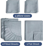Split King Sheets Set 7 Piece - Includes 4 Pillowcases - Bed Sheets Split King - Soft Hotel Luxury Bedding - Cooling & Breathable - 1 Flat & 2 Fitted & 4 Pillowcases w/ Deep Pockets - Heathered Blue