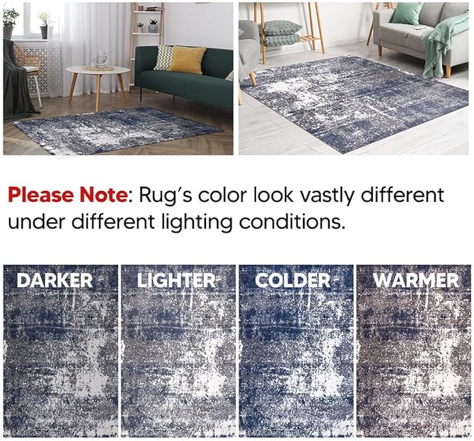 Keen Home Design Area Rugs - 8ft Round Non-Shedding, Abstract Rugs for Kitchen, Living Room, Bedroom, Dining Room, Entryway - Size: 7'10" Square, Navy/Grey/White