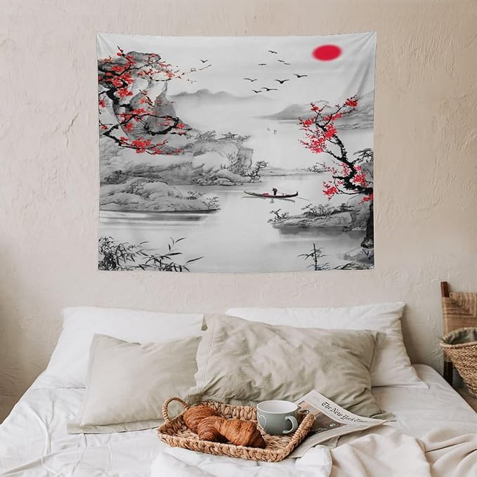 Cherry Blossoms Tapestry,Japanese Red Landscape Watercolor Abstract Art Tapestry,Asian Japanese Wall Tapestry, Nature Landscape Tapestries for Bedroom Living Room Decor 60"x50"
