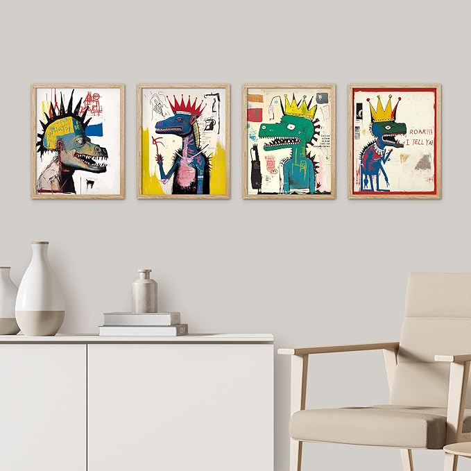 SIGNWIN Framed Vintage Retro Antique Basquiat Dinosaur Print Wall Art, Set of 4 Illustration Wall Decor Prints, Multicolor Contemporary Wall Décor for Living Room, Bedroom - 8"x10" Natural