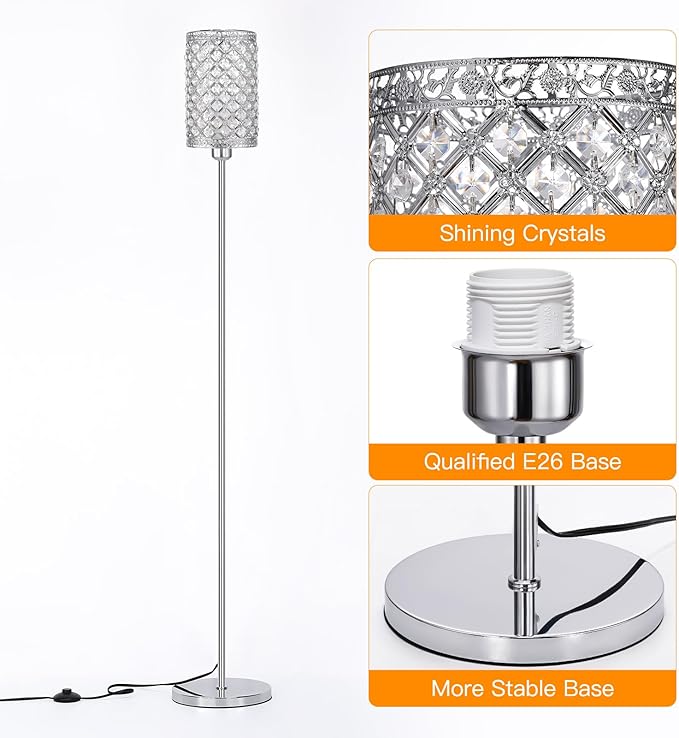 Crystal Floor Lamp,LED Modern Tall Light Standing Lamp, RGB LED Floor Lamp with On/Off Foot Switch Silver Tall Pole Lighting for Bedroom Remoter &APP Control Stepless Dimmable (E26 Base)
