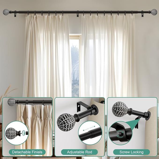 Black Curtain Rods for Windows 72 to 144 Inch,1'' Diameter Drapery Rods with Leaf Pattern Finials,Decorative Adjustable Heavy Duty Curtain Rods Set,36-150''