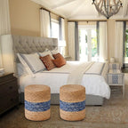 Wimarsbon Ottoman Foot Rest Stool Round Natural Seagrass Foot Stool Hand-Woven Boho Pouf Ottomans Home Decor Footstool Extra Seating for Living Room Bedroom Entryway Blue