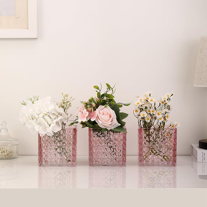 Square Vases Set of 6, 4" x 4" x 4" Square Glass Vases for Flowers, Pink Flower Vase for Centerpieces, Small Bubble Vase for Wedding, Party, Home, Office, Parties, Events