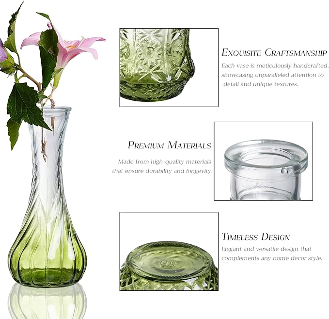 Glass Bud Vase Set of 30 - Small Vases for Flowers in Bulk - Assorted Vintage Crystal Vases for Flowers, Table Centerpieces (Green, 30 Pcs)