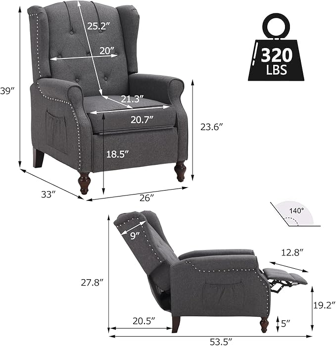 Wingback Recliner Chair with Massage and Heat, Tufted Fabric Push Back Recliner Chair for Living Room, Vintage Wingback Chair with Remote Control, Padded Cushion, Backrest, Wooden Legs