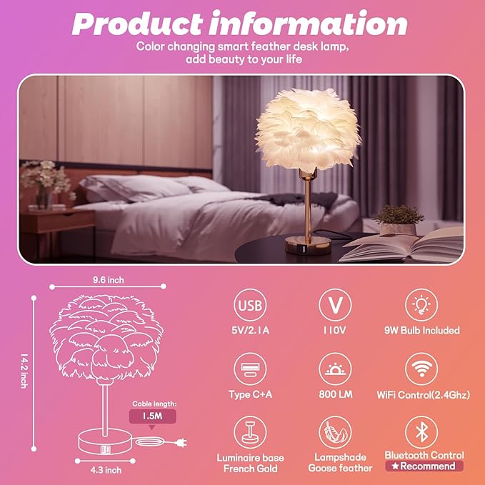 Smart Touch Control Bedside Table Feather Lamp Night Light with USB Charging for Girl, Baby, Alexa Voice Compatible, 9W 800LM Dimmable RGB Color Changing Lamp for Bedroom Nursery Desk Decor