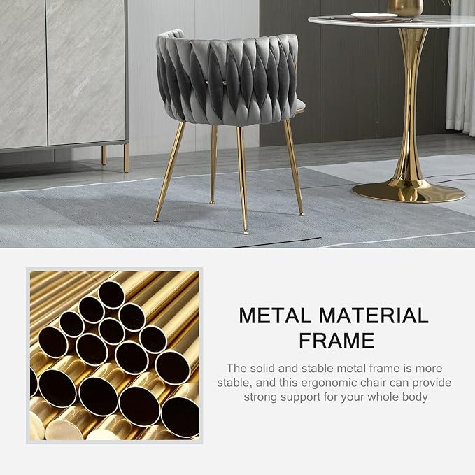 Nrizc Velvet Dining Chairs Set of 4, Woven Upholstered Dining Chairs with Gold Metal Legs, Modern Accent Chairs for Living Room, Dining Room, Kitchen (Grey)