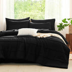 CozyLux Full Size Comforter Sets Black, 7 Pieces Soft Pinch Pleat Bed in a Bag Full Comforter Set with Sheets, Boho Bed Set with Down Alternative Comforter, Sheets, Pillowcases & Shams