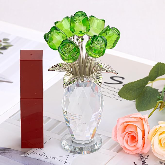 Glass Rose Flowers, Crystal Glass Figurines Rose Decorations for Home Gifts for Mom Wife Grandma, Crystal Flowers Collectible Ornament Mother's Day Thanksgiving Anniversary Birthday Gifts (Green Rose)