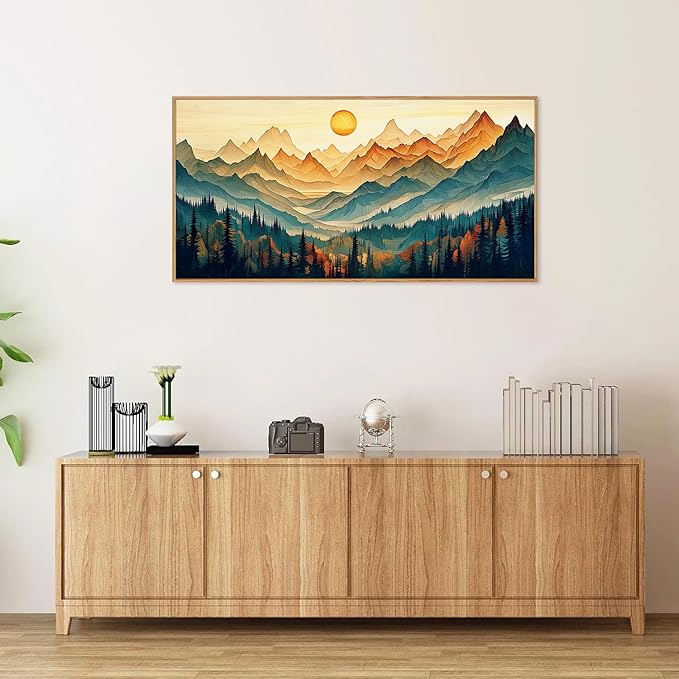 Tinonedraw Large Mountain Framed Canvas Wall Art, Boho Nature Forest Wall Decor, Neutral Wooden Pine Trees Artwork, Sunrise Ridge Landscape Art Printing for Living Room Bedroom Office 20"x40"