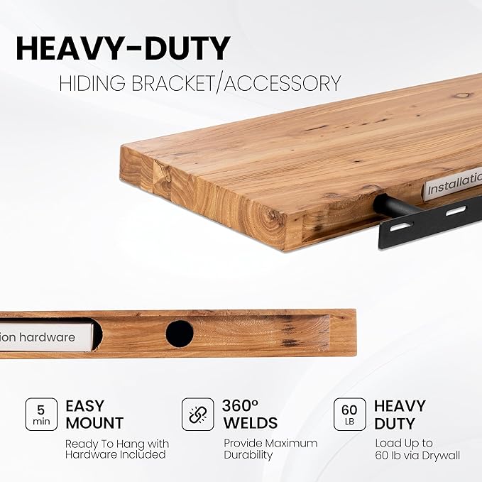 Fun Memories Floating Shelves for Wall, 24"x9.3" Rustic Solid Elm Wood Shelves, Heavy-Duty Wall Mounted Shelves with Invisible Brackets, Set of 2 for Living Room, Bedroom, Kitchen, Natural Finish