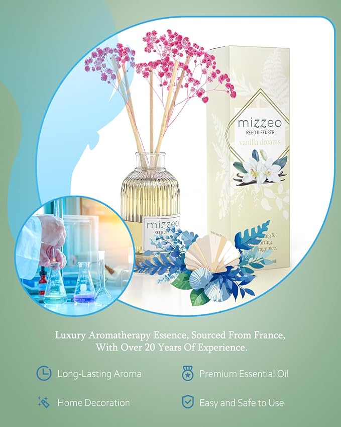 MIZZEO Reed Diffuser Set, Vanilla Dreams 6.76 fl oz Highly Scented Room Diffuser Home Fragrance Essential Oil Reed Flower Diffuser, House Bedroom Office Decor & Gifts