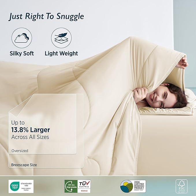 Breescape Cooling Comforter Throw Size - BlendTek™ Q-Max>0.46 Tech, Breathable Blanket for Hot Sleepers & Night Sweats Relief, Premium Lightweight Summer Bedding, 52x72 Inches, Ivory