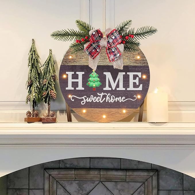 Interchangeable Seasonal Welcome Sign Front Door Decoration with 4 Seasonal Wreaths and LED Light, Rustic Round Wood Wreaths Wall Hanging Outdoor, Farmhouse Front Door Decoration Home Décor