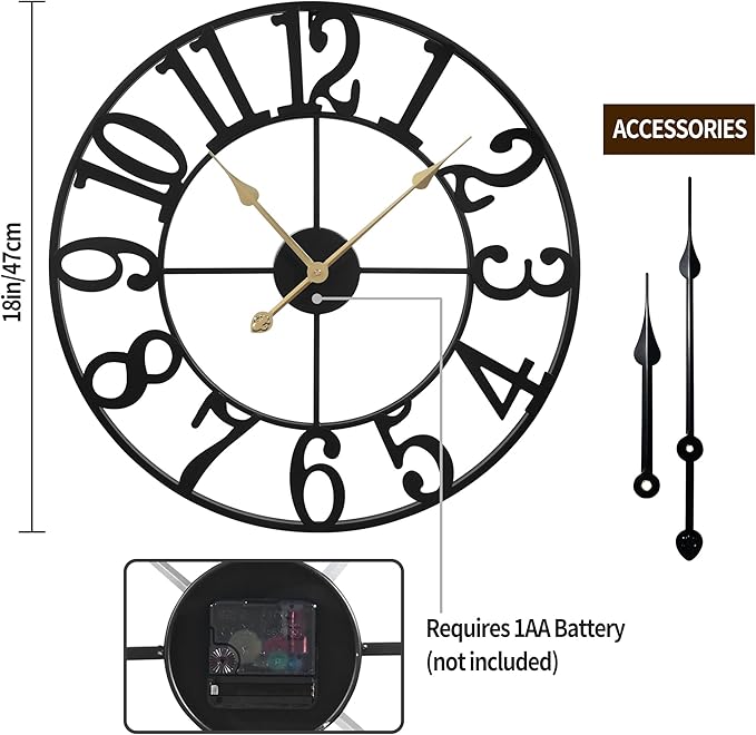 1st Owned Large Wall Clocks for Living Room Decor, Silent Non Ticking Clocks Battery Operated, 18.5 Inch Decorative Analog Metal Indoor Wall Clock for Kitchen, Bedroom, Office Decor