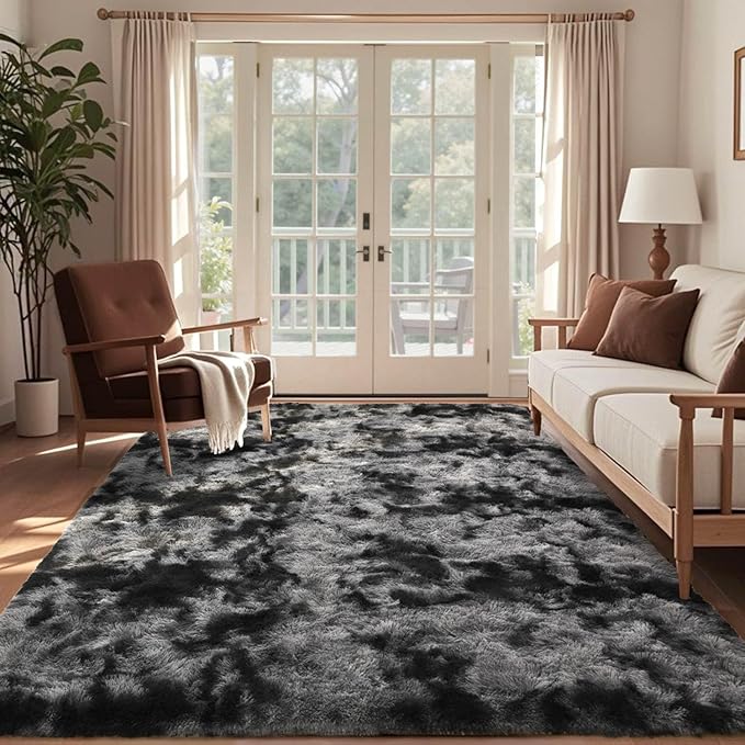 4x6 Ft Shag Rugs for Bedroom Living Room, Tie-Dyed Ultra Soft Fluffy Furry Area Rugs for Indoor Floor, Aesthetic Carpet for Kids Home Decor (Dark Grey)