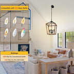 4 Light Farmhouse Chandelier, Rustic Ceiling Light Lantern Light Fixture with Wood Painted Metal Cage and Adjustable Chain, E12 Base Geometric Hanging Light Fixture for Entryway, Kitchen, Indoor