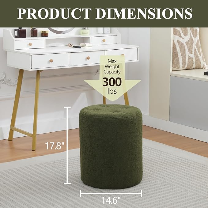 Modern Round Ottoman 2Pcs, Classic Foot Stool Ottoman, Teddy Fleece Upholstered Vanity Stool for Makeup, Bedroom, Living Room, Dark Green