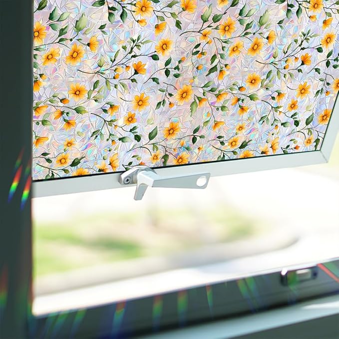 Window Film, Decorative Rainbow Yellow Flowers Stained Static Glass Window Clings Stickers for Home Office Living Room Bedroom Glass Windows Door Decor 17.72 x 39.37 Inches