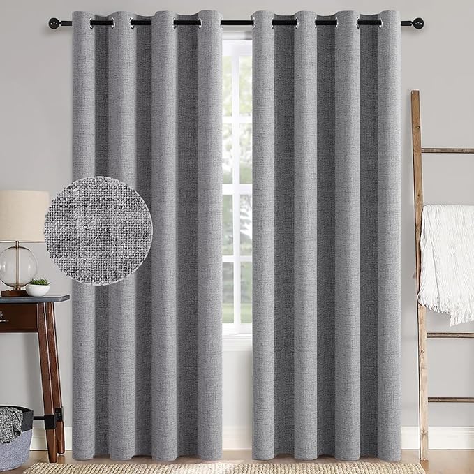MIULEE Linen Textured 90 Inches Curtains for Bedroom 100% Blackout Thermal Insulated Grey Curtains Grommet Room Darkening Luxury Decor for Living Room Nursery 52 x 90 Inch (2 Panels)