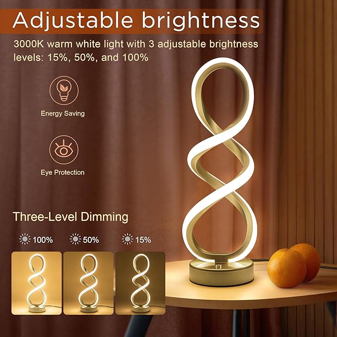 Modern Table Lamp, 7 Colors 10 Light Modes Spiral Design Table Lamp, Touch Dimmable Nightstand Lamp, Unique Bedside Lamp for Living Room, Bedroom, Cool Lamps, Gold, 2 Pack