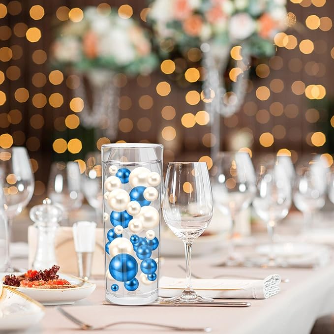 200PCS Blue White Faux Pearls Beads for Centerpiece Vases, Vase Filler Faux Pearls, No Holes Filler Beads for Party Anniversary Birthday Wedding Table Decor, 10/14/20/30mm