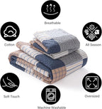 PANGUSHAN 100% Cotton Quilt Set Queen Size, Patchwork Plaid Queen Quilt Bedding Set Bedspreads, Farmhouse Lightweight Comforter Reversible Quilt, Navy/Brown/White Bed Spread for Queen Bed, 3 Pieces