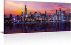 Fochorlo Large Chicago Canvas Modern City Skyline Wall Art Downtown Night Picture Prints Ready To Hang 20"X48"