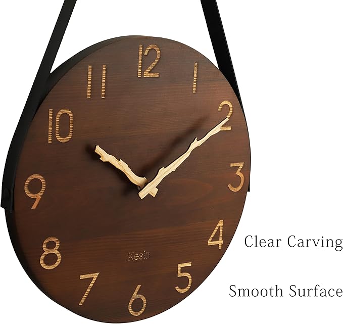 Kesin Wall Clock 10 Inch Silent Wooden Wall Clock Battery Operated Hand Made Retro Fashion Clock with Rope Hanging Decorative for Living Room,Kitchen,Bedroom,Office