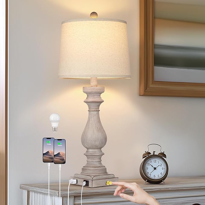 27.5" Tall Farmhouse Lamp,Wash-Grey Vintage Bedside Lamp with USB Charging Ports A/C,3-Way Dimmable Touch Control Retro Lamps for Bedroom Living Room,Single Grey