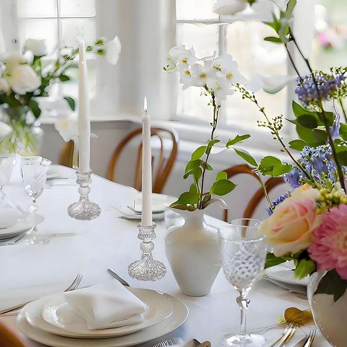 Glass Candlestick Holder,Striped Taper Candle Holders,Set of 6 Candle Stand for Table Centerpieces, Home Decor,Weddings,Festival and Parties (Clear Dimond Pattern)