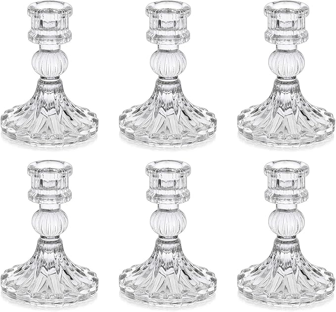 6 Pack Glass Taper Candlestick Holders, Clear Candlestick Holders, 4" H Stripe Crystal Candle Holders Decorative Candle Stand Centerpiece for Wedding, Festival, Dinning Party Table Decor
