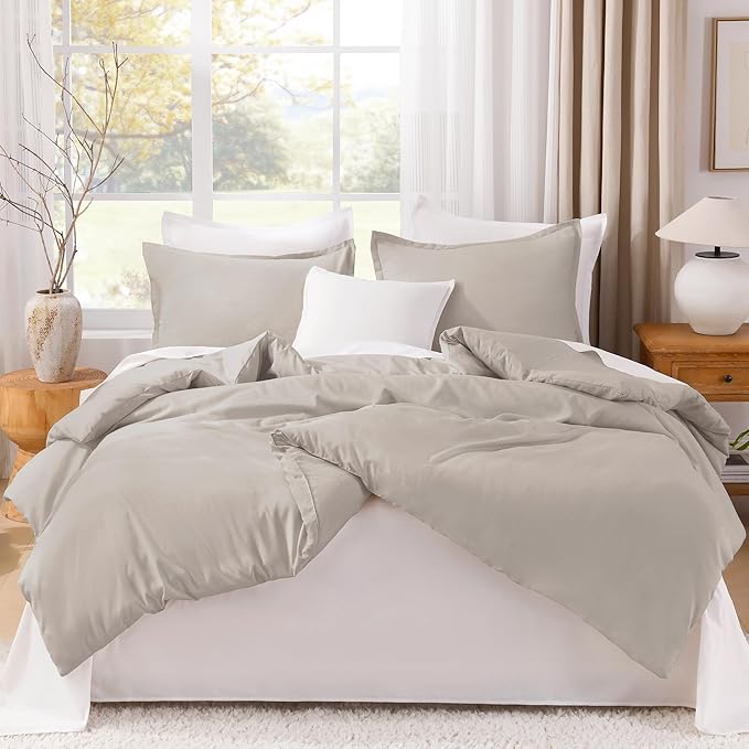 Litanika Linen Grey Comforter Set Queen Size, 3 Pieces Lightweight Solid Bedding Comforter Set, All Season Fluffy Bed Set (90x90In Comforter & 2 Pillowcases)