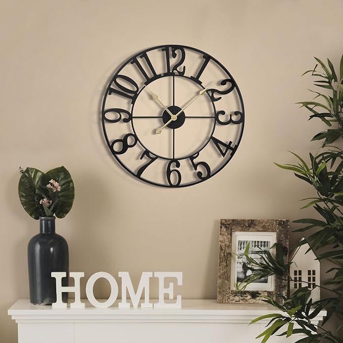 LEIKE Large Wall Clock, 18.5" Silent Non-Ticking, Battery Operated, Oversized, Decorative Retro Black Metal Clock for Living Room,Farmhouse, Dinner Room,Indoor, Outdoor(47cm, Black Arabic Number)