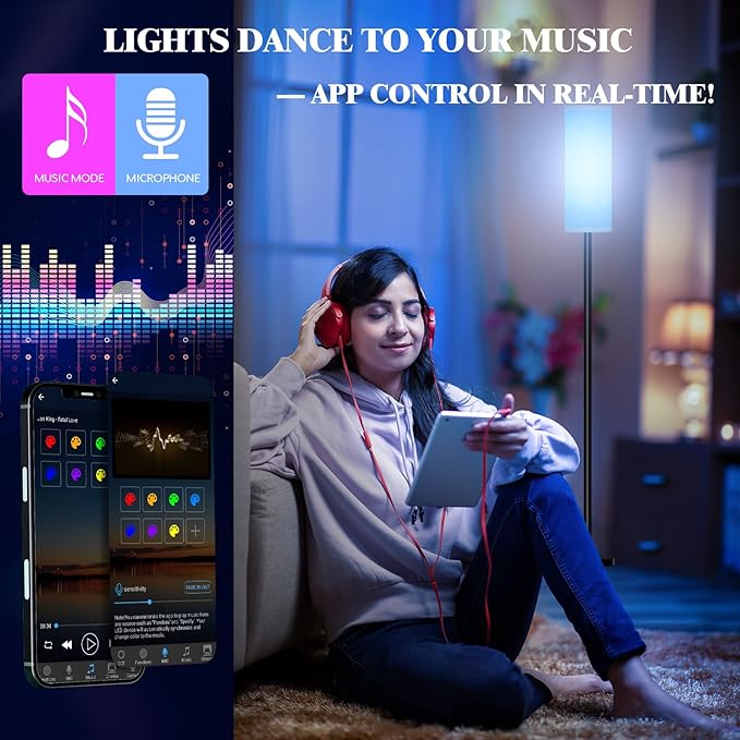 Smart LED Floor Lamp with APP Control & RGB Colors - Dimmable Standing Lamp for Living Room, Bedroom, Gaming - Remote, Timer, 9W Bulb Included, 67" Modern Tall Lamp (C:Black Beige)
