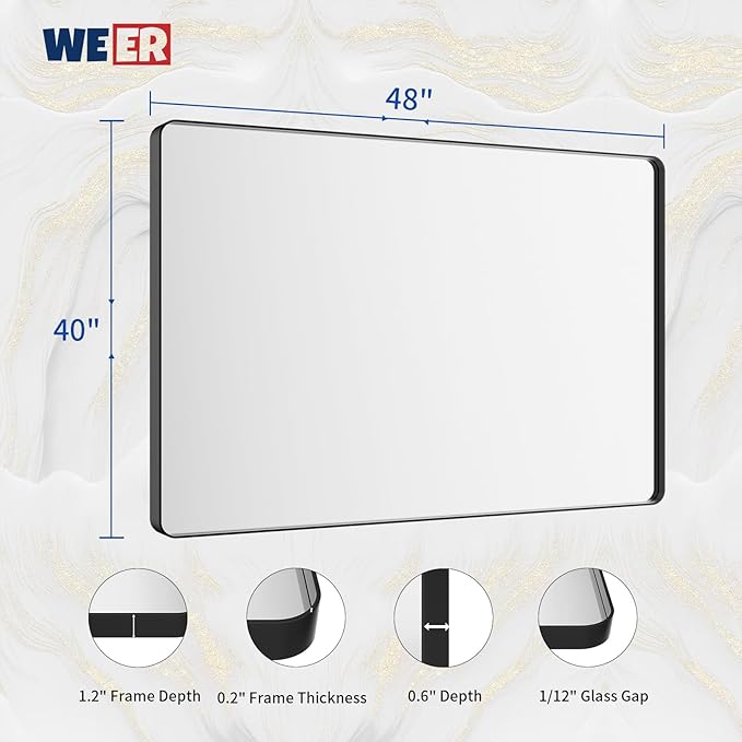 WEER Black Bathroom Mirror for Wall, 48X40 Inch Matte Black Mirror, Rectangular Black Metal Framed Vanity Mirror with Tempered Glass, Rounded Corner, Anti-Rust (Horizontal/Vertical)