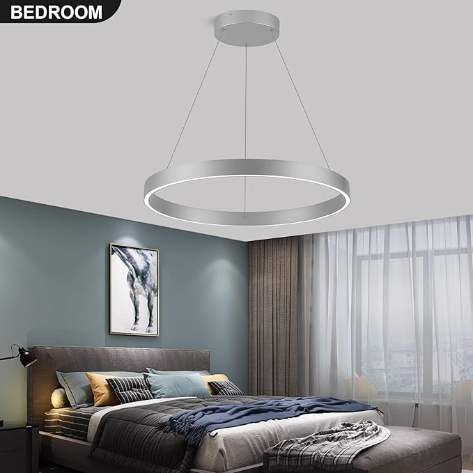 Room Decor Modern LED Chandelier 23.62'' Dimmable 1-Ring Chandelier 76W Circular Pendant Light for Dining Room Kitchen Island Bedroom, 6000K, Silver UL Listed