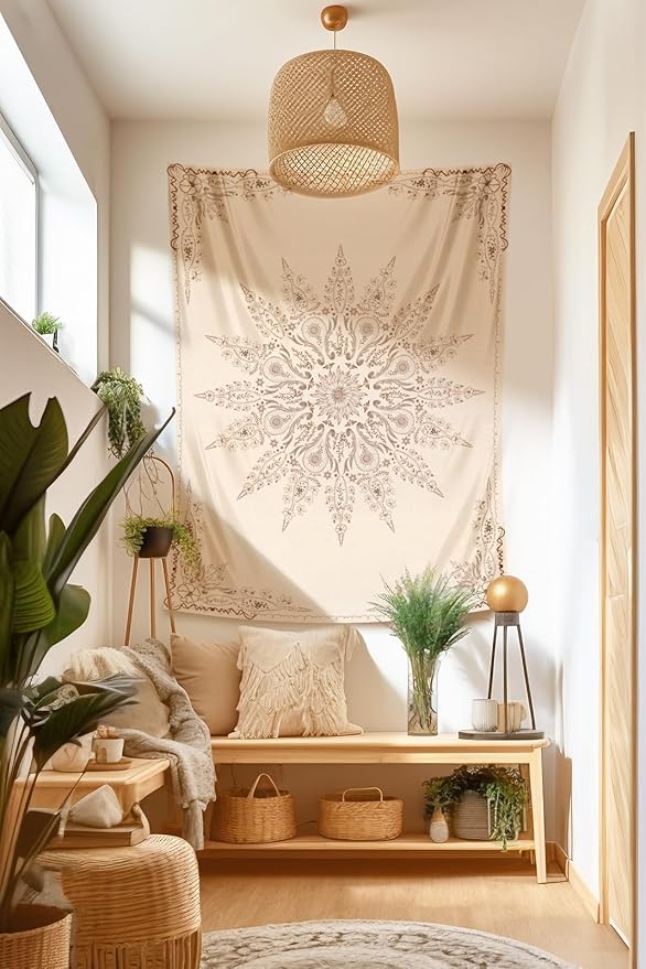 Damanse Floral Tapestry Wall Hanging Cute,Boho Wall Tapestry for Bedroom Aesthetic,Mandala Living Room Decor for Teen Girls (Flaxen, 59.80" x 78.70")