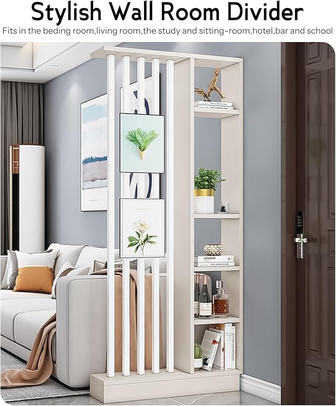 Wall Room Divider, Storage Cabinet Storage Display with Shelves, Modern Freestanding Wood Room Divider Screen, Wall Privacy Screens for Home Office Decorative (Beige+White,31.5" L x 9.5" W x 79.5" H)