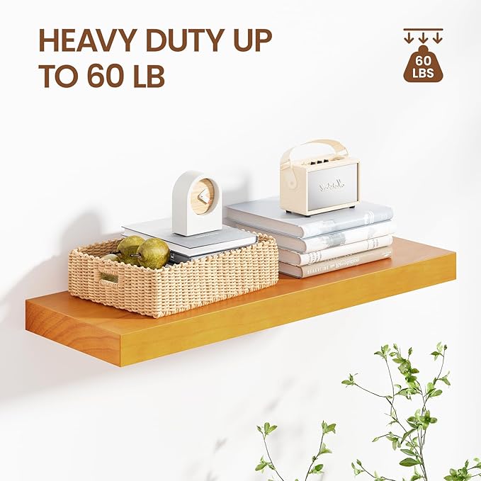 Heimlove 24 inch Floating Shelves for Wall,2 Packs Natural Pine Solid Wood Bathroom Shelf Over Toilet Decor and Storage 8 inches Deep for Kitchen Bedroom Office & Living Room Display Wall Decor