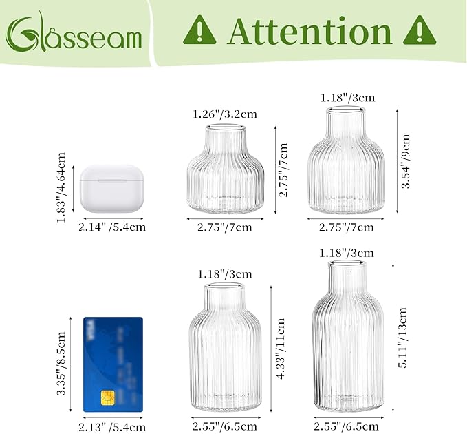 Glasseam Glass Bud Vases for Centerpieces: Modern Small Flower Vase Set of 4 for Home Decor - Clear Mini Table Centerpieces for Minimalist Living Room Shelf Kitchen Wedding Party Decorations