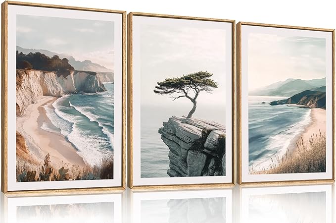 Amalfi Coastal Beach Framed Canvas Wall Art Set, Summer Ocean Wall Decor, Southwestern Beach Wall Painting, Ocean Seascape Art Prints for Living Room, Bedroom, Dining Room - 16"x24"x3