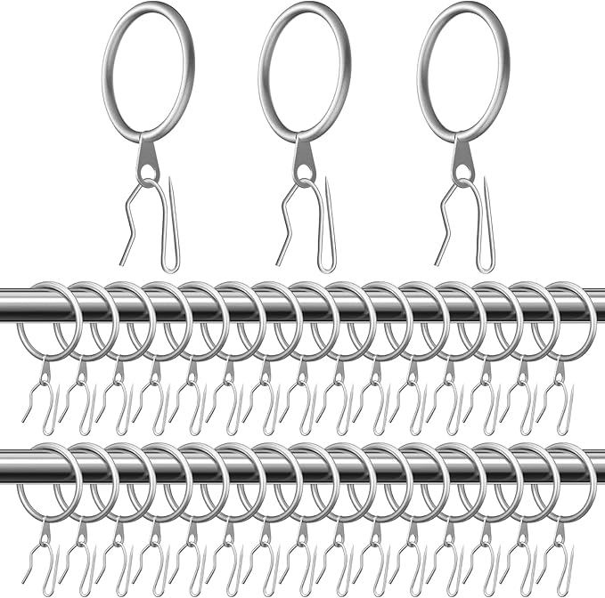 Hotop 30 Pcs Metal Drapery Curtain Rings 0.98/1.26/1.65 inch Interior Diameter and 30 Pcs Hanging Curtain Drapery Pin Hooks for Window Door Shower(25 mm,Matte Silver)