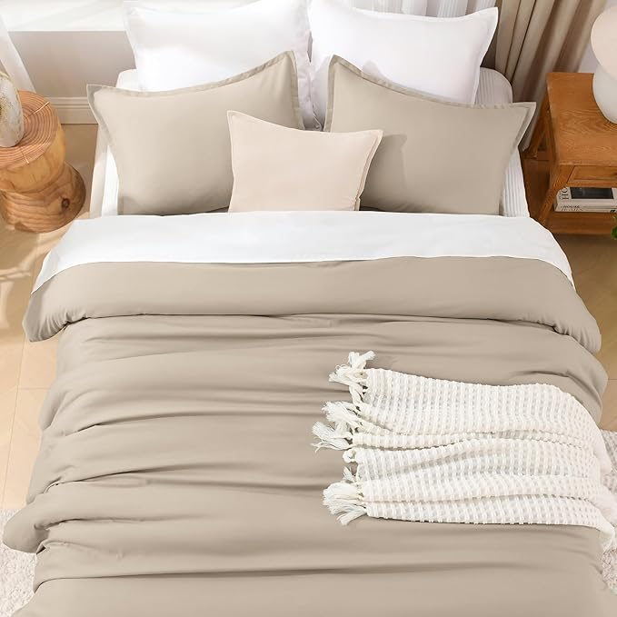 Litanika Khaki Comforter Set Queen Size, 3 Pieces Solid Bedding Comforter Set, All Season Down Alternative Bed Set (90x90In Comforter & 2 Pillowcases)