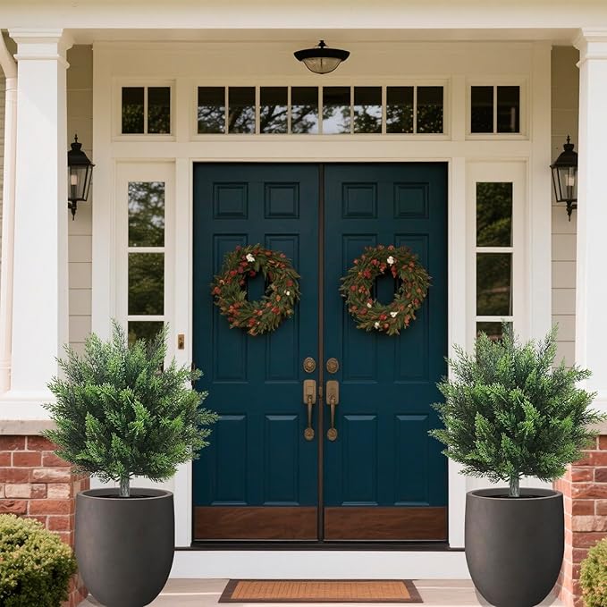 Artificial Topiary Cedar Tree 28 inch Faux Little Bush Cedar Tree UV Resistant Shrub Potted Artificial Plant for Outdoor Indoor Front Porch Garden (2 Pack)