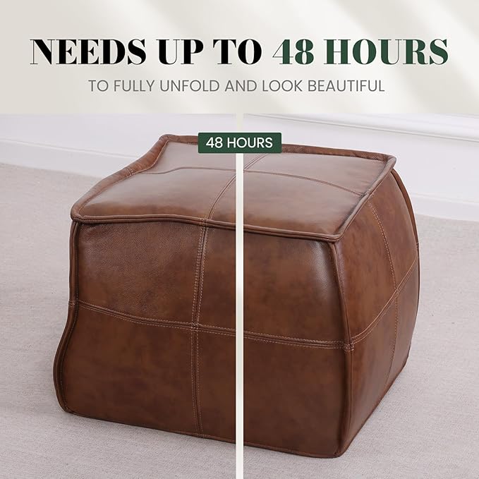 Genuine Leather Square Pouf Ottoman Footstool for Living Room, Bedroom, Indoor (Brown)